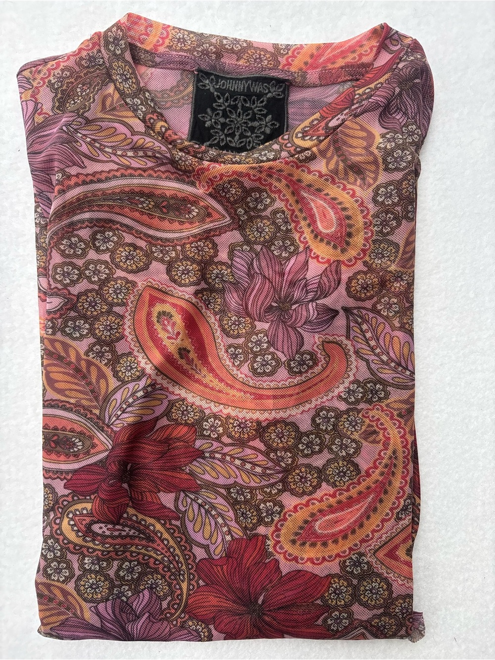Johnny Was Pink Paisley & Floral Short-Sleeve Tee- Rika Mesh Top - Picture 7 of 8